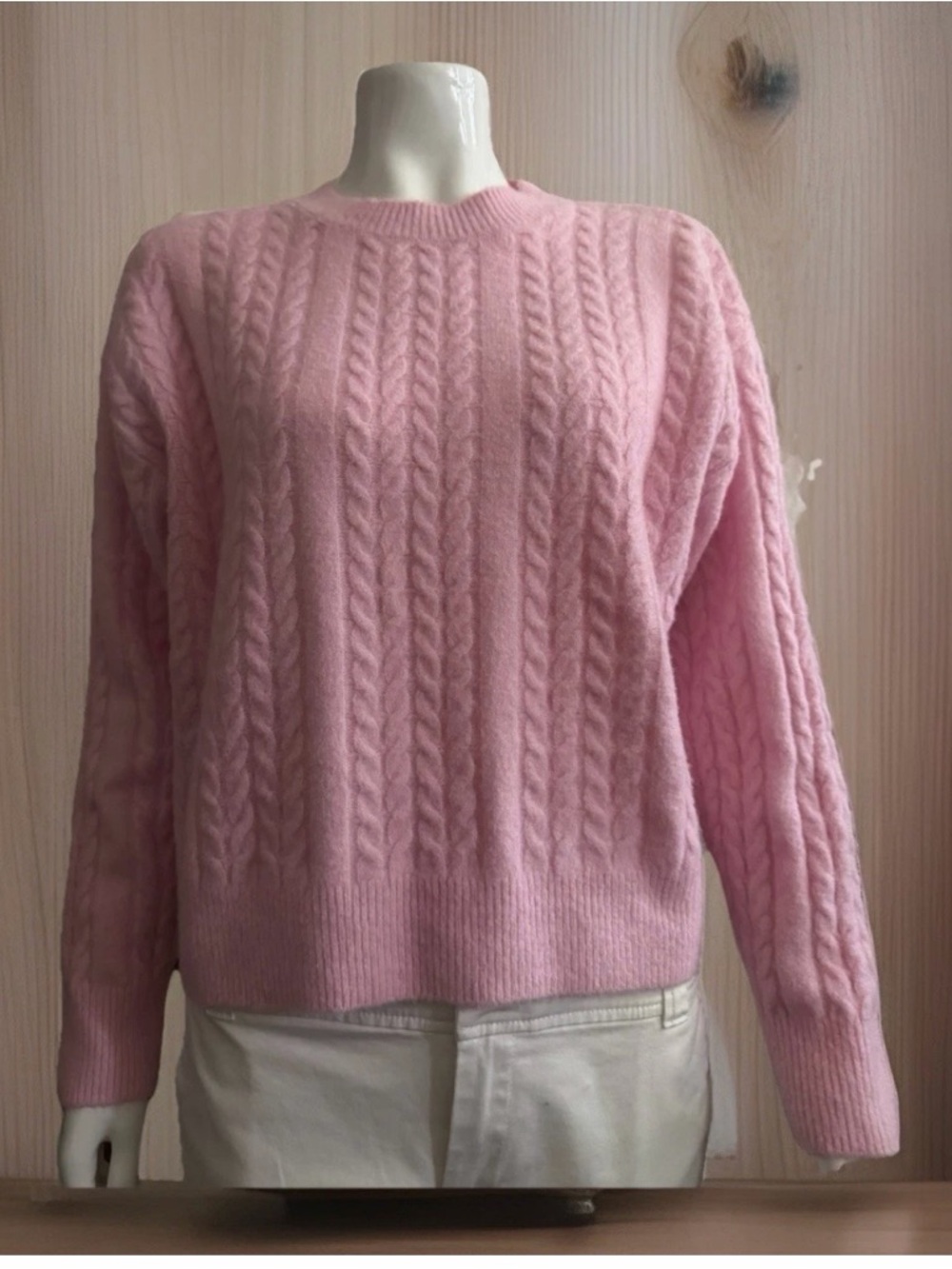 Mango Classic Cable Knit Crewneck Sweater - Pink Size Small Oversized